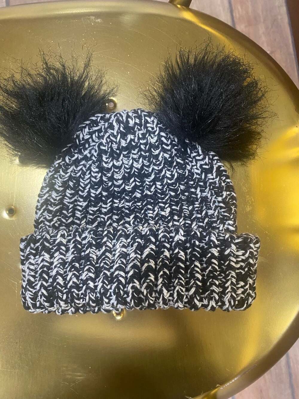 Black and White Knit Double Pom Pom Beanie Hat